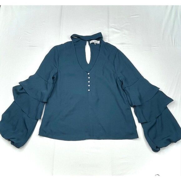 WAYF Ruffled Sleeve Chocker Blouse Teal Green - Picture 1 of 9
